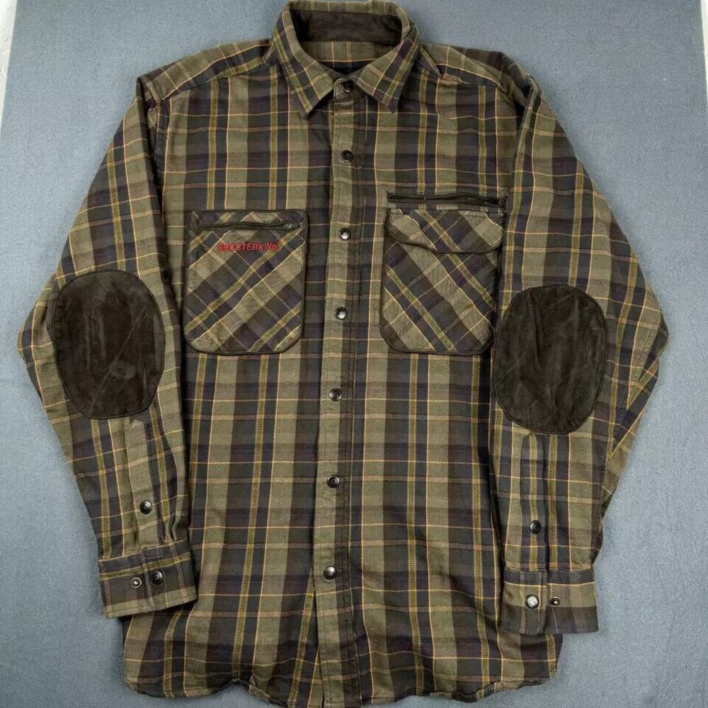 Shooterking Shooting Flannel Shirt Mens L Green Plaid Elbow Patch Brown Suede